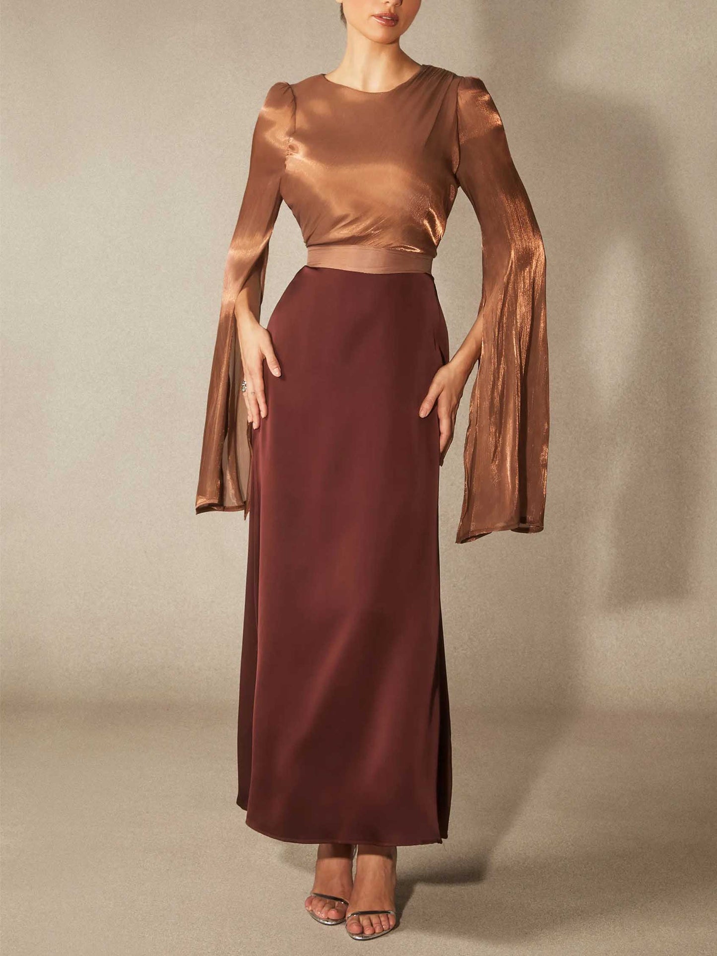 Elegant Satin Cape-Sleeve Maxi Dress