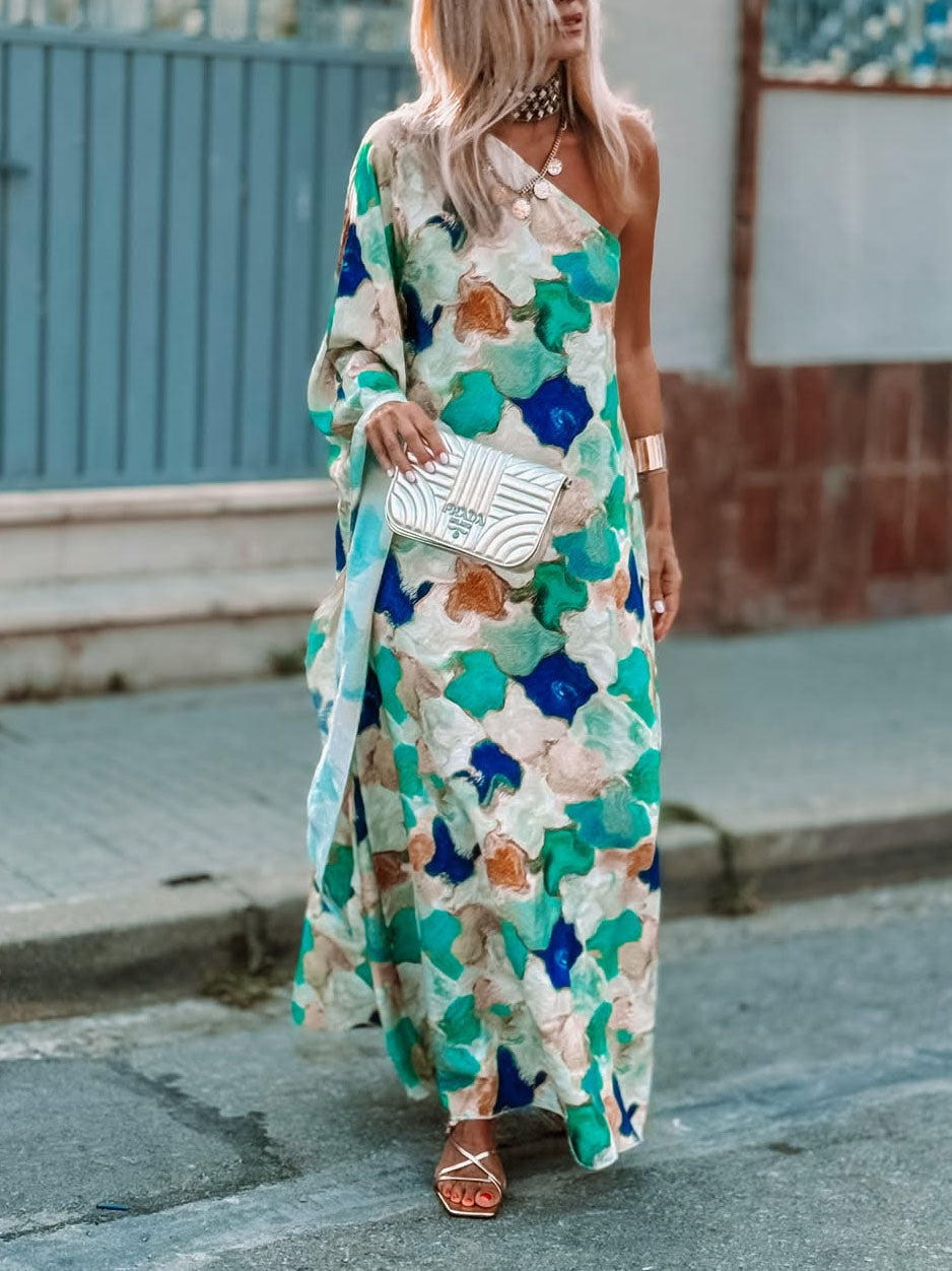 Asymmetric Neckline One-Sleeve Printed Chiffon Dress