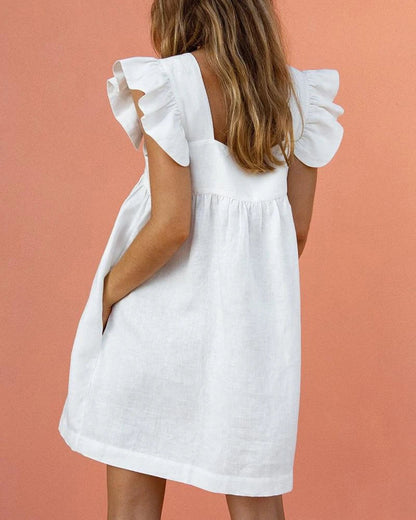 SWEET SQUARE NECK RUFFLE SLEEVE MINI  DRESS