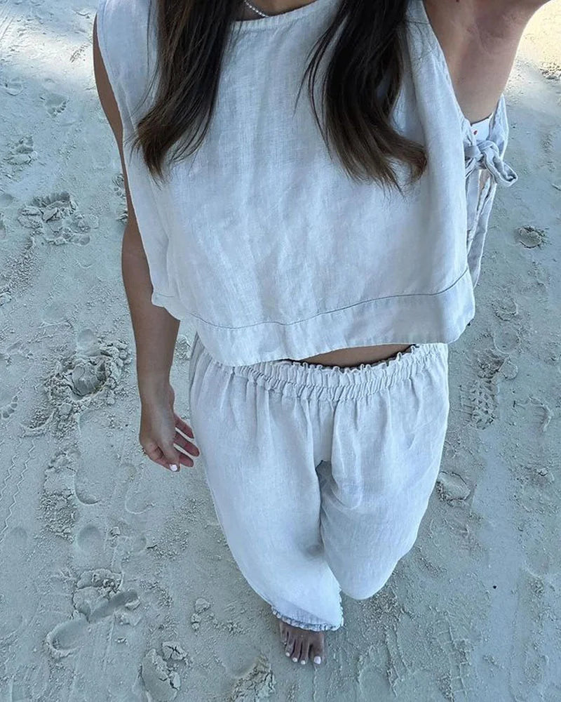Casual Solid Lace-Up Vest & Pants Two-Piece Set
