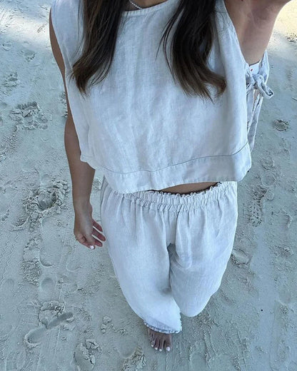Casual Solid Lace-Up Vest & Pants Two-Piece Set