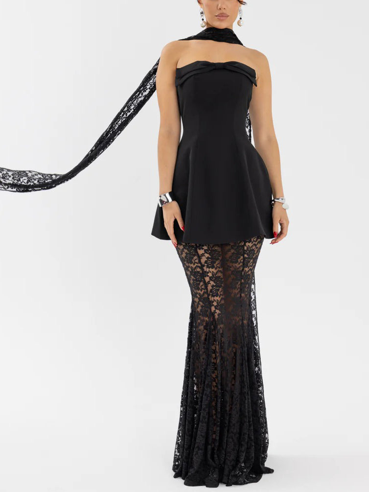 Elegant Strapless Mini Dress And Lace Maxi Skirt Set