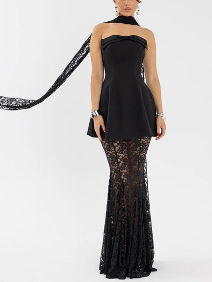 Elegant Strapless Mini Dress And Lace Maxi Skirt Set