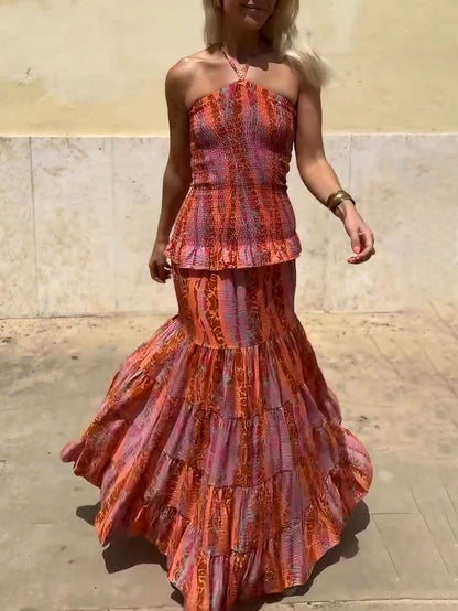 Casual Retro Folk Style Printed Layered Skirt