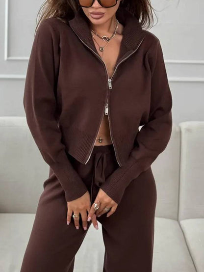 Casual Knitted Cardigan And Wide Leg Pants Suit