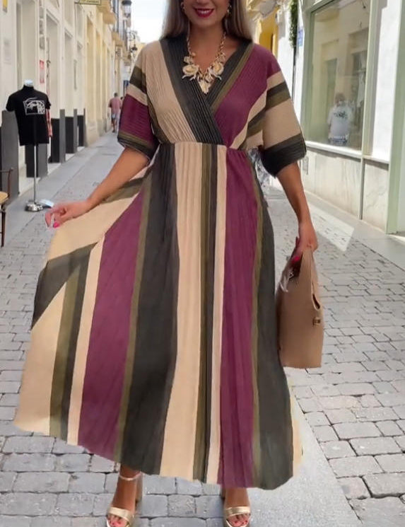 Elegant Irregular Stripe Print Pleated Maxi Dress