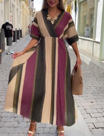 Elegant Irregular Stripe Print Pleated Maxi Dress