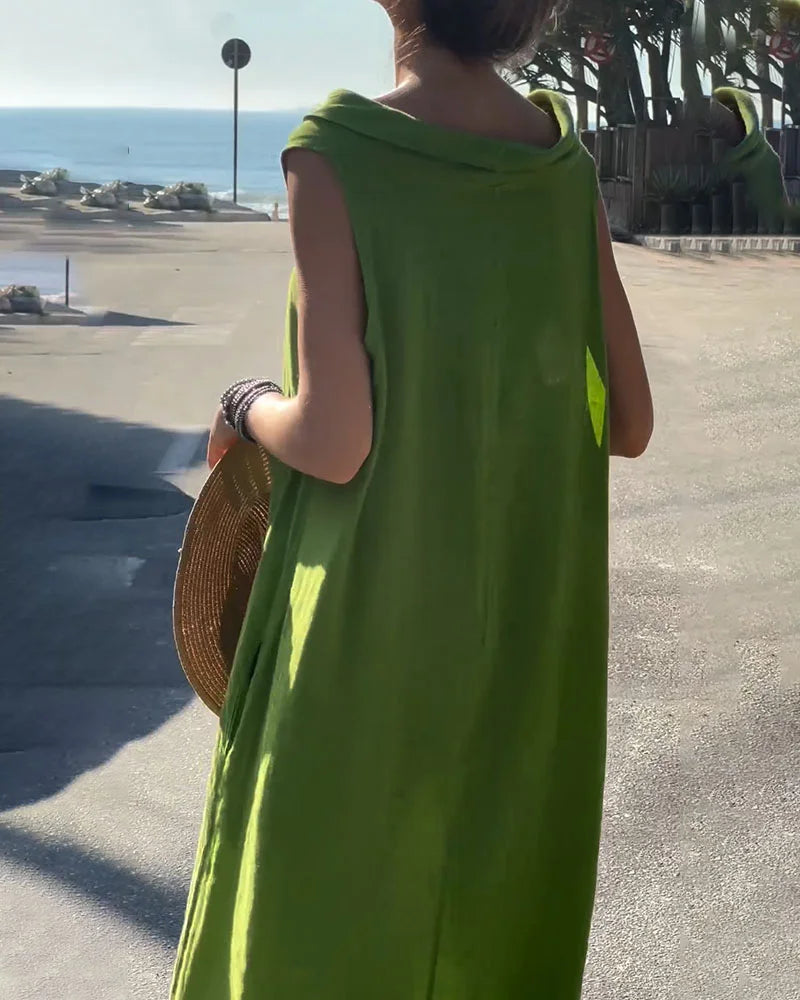 Chic round neck sleeveless casual cotton and linen dress