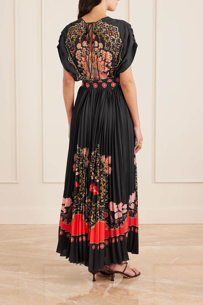 Exquisite Tie-Up Pleated Printed Crepe Maxi Dress