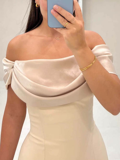 Elegant Off-Shoulder Draped Slim Fit Gown Maxi Dress