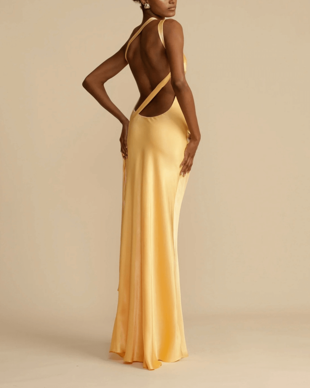 Elastic Waist Satin Drape Yellow Maxi Dress