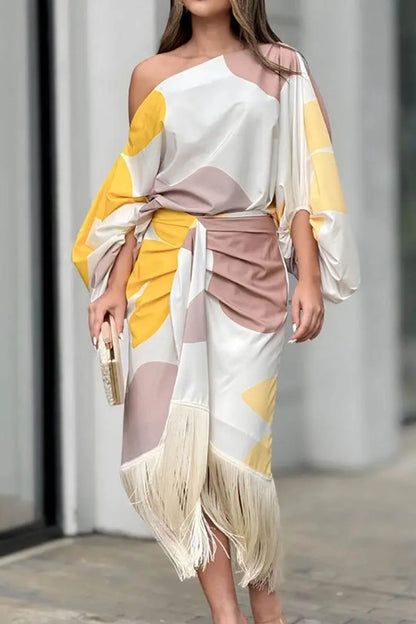 Fashionable Elegant Printed Tassel-Trim Midi Skirt