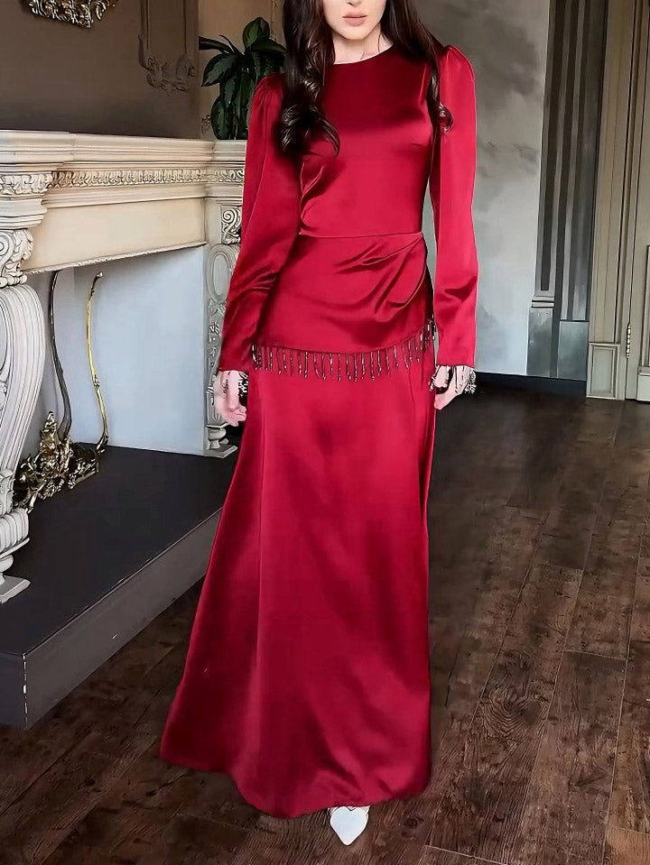 Elegant Satin Beaded Tassel Maxi Dress