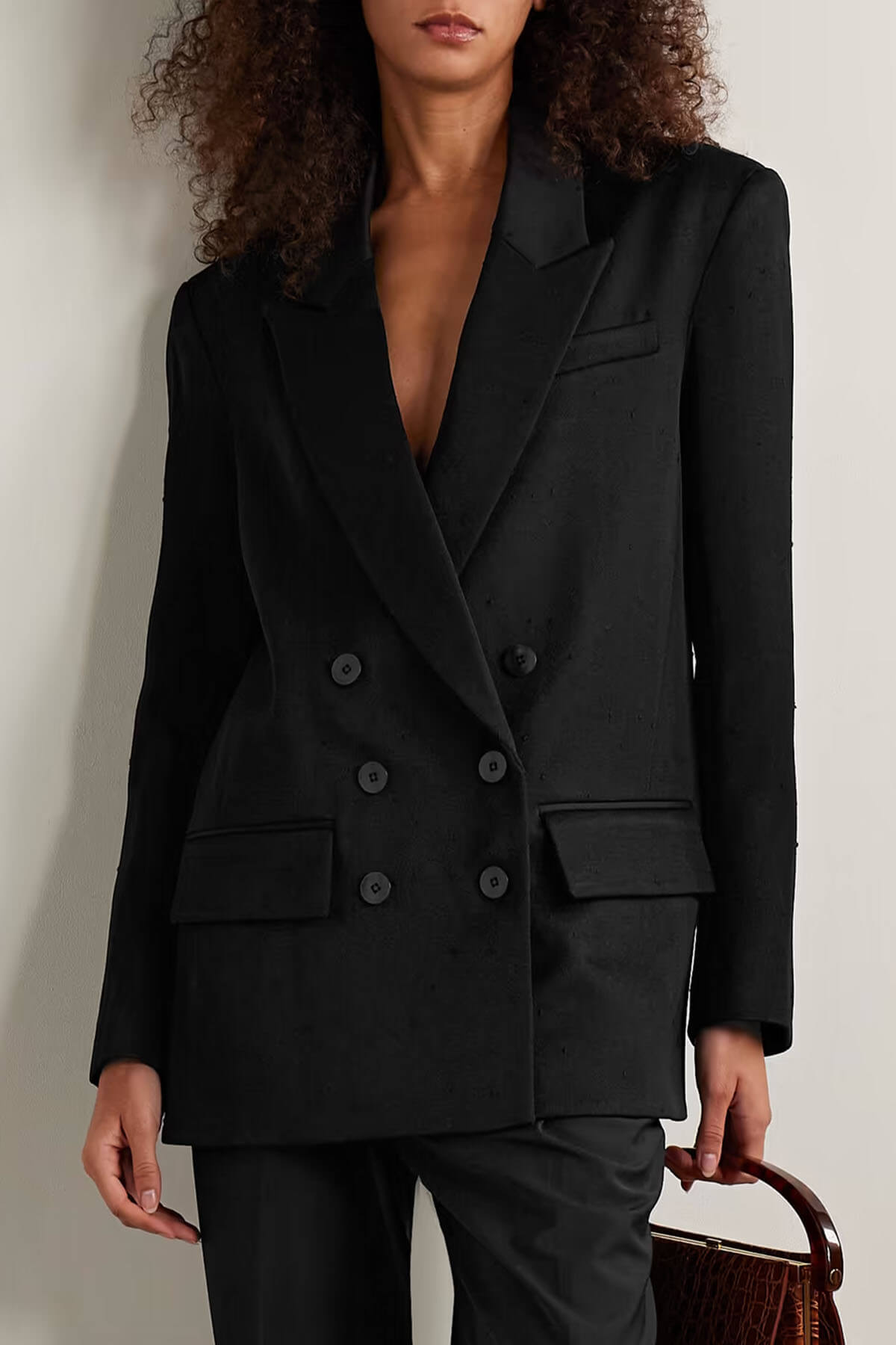 Exquisite Double-Breasted Contrast-Back Twill Blazer Aad High-Waist Straight-Leg Pants Set