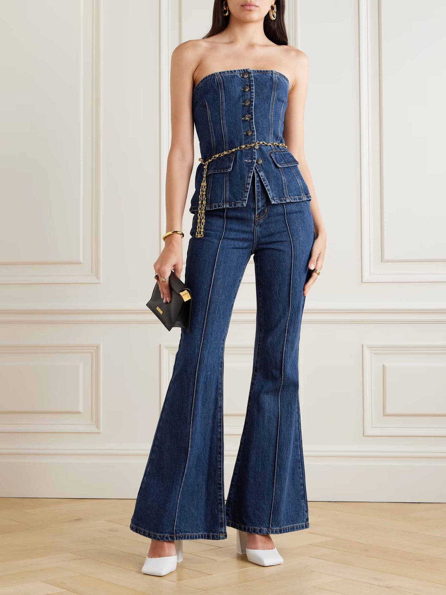 Chic Strapless Button-Up Denim Corset Top