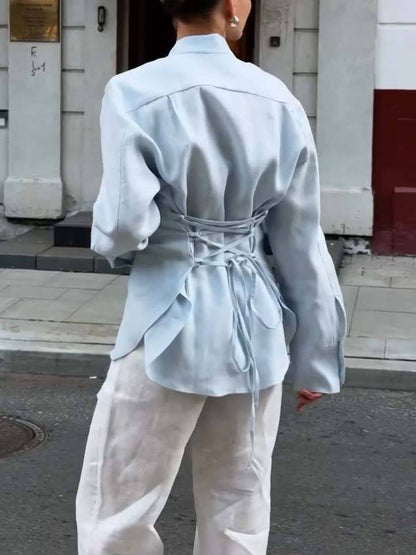 Minimalist Stand-up Collar Ribbon Back Lace-up Shirt and Wide Leg Pants Set-Pants