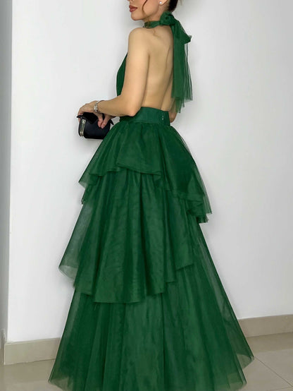 Elegant Halter Neck Mesh Layered Maxi Dress