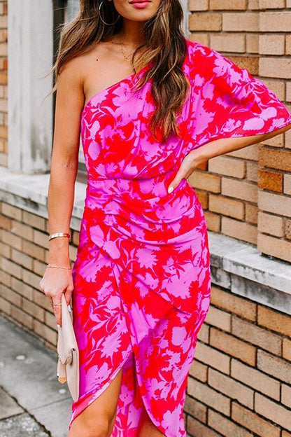 Casual One Shoulder Printed Tulip Hem Dress