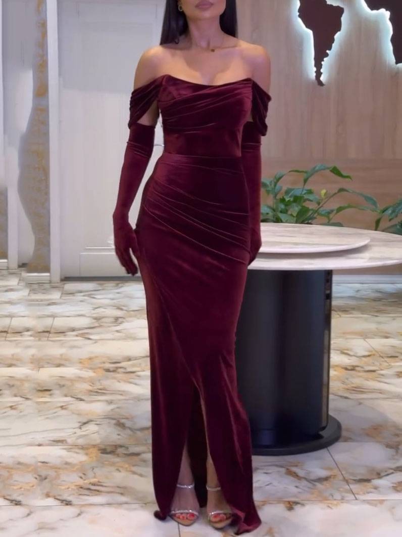 Velvet Off-Shoulder Pleated Slit Maxi Dress
