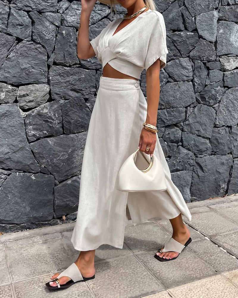 Casual Solid V-Neck Top & Skirt Two-Piece Set