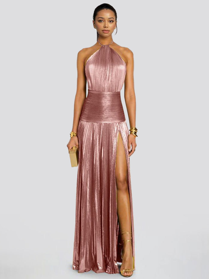 Elegant Metallic Pleated Halter Neck Maxi Dress