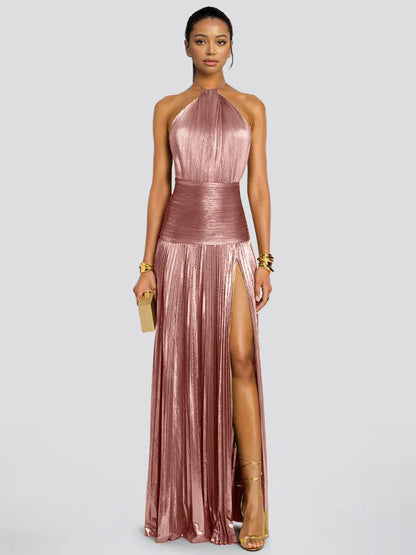 Elegant Metallic Pleated Halter Neck Maxi Dress