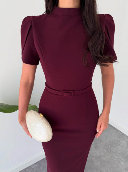 Elegant Stand-up Collar Belted Midi Dress