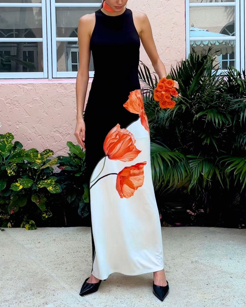 Fashion Colorblock Sleeveless Floral Print Dress