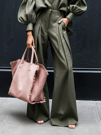 Fashionable Casual Solid Color Unique Pleated Pocket High Waist Wide Leg Pants