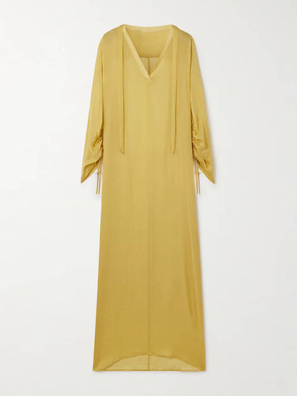 Casual Satin V-Neck Pleated Cuff Maxi Dress
