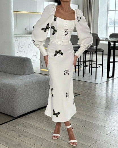 Elegant Square Neck Butterfly Print Fishtail Dress