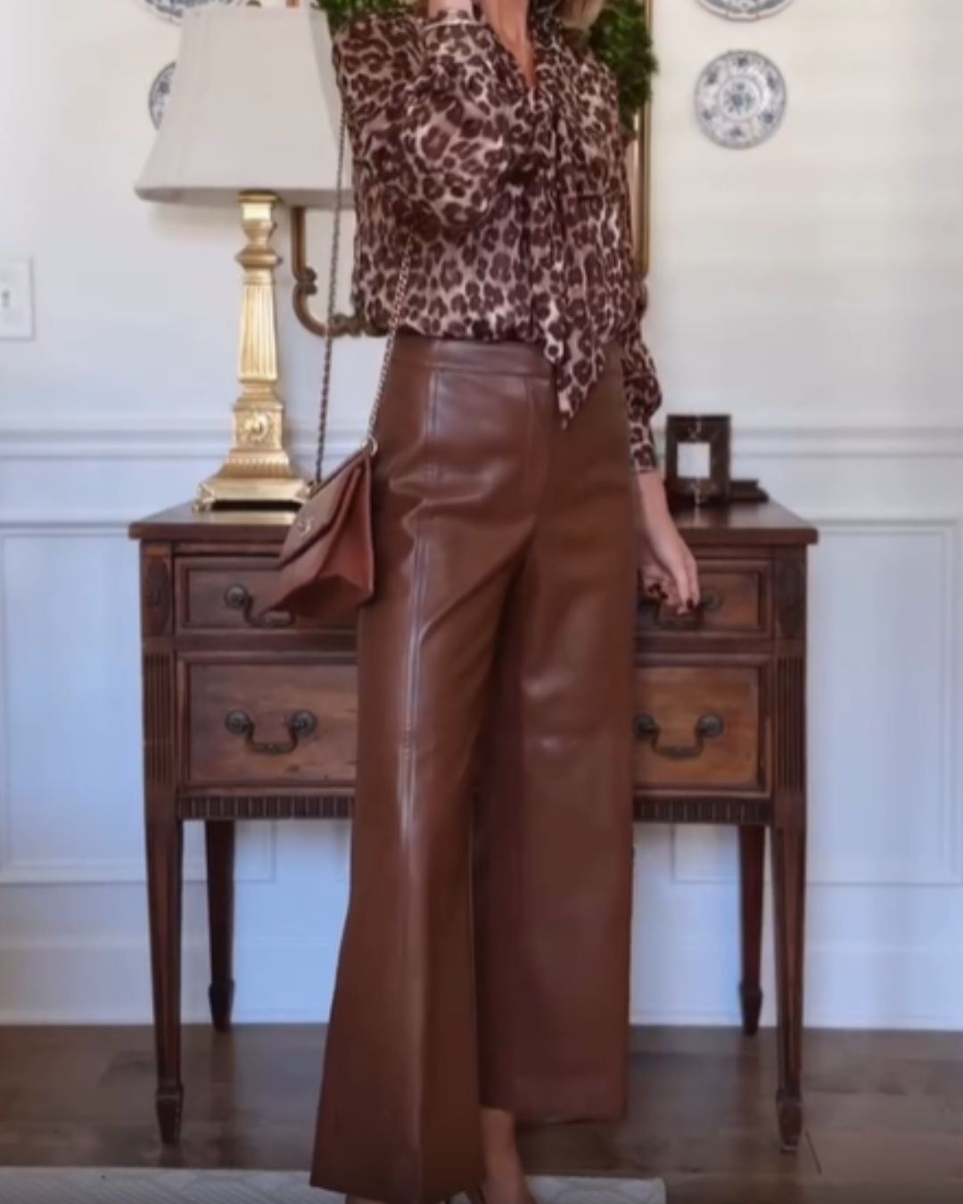 Brown High Waisted PU Straight Leg Pants