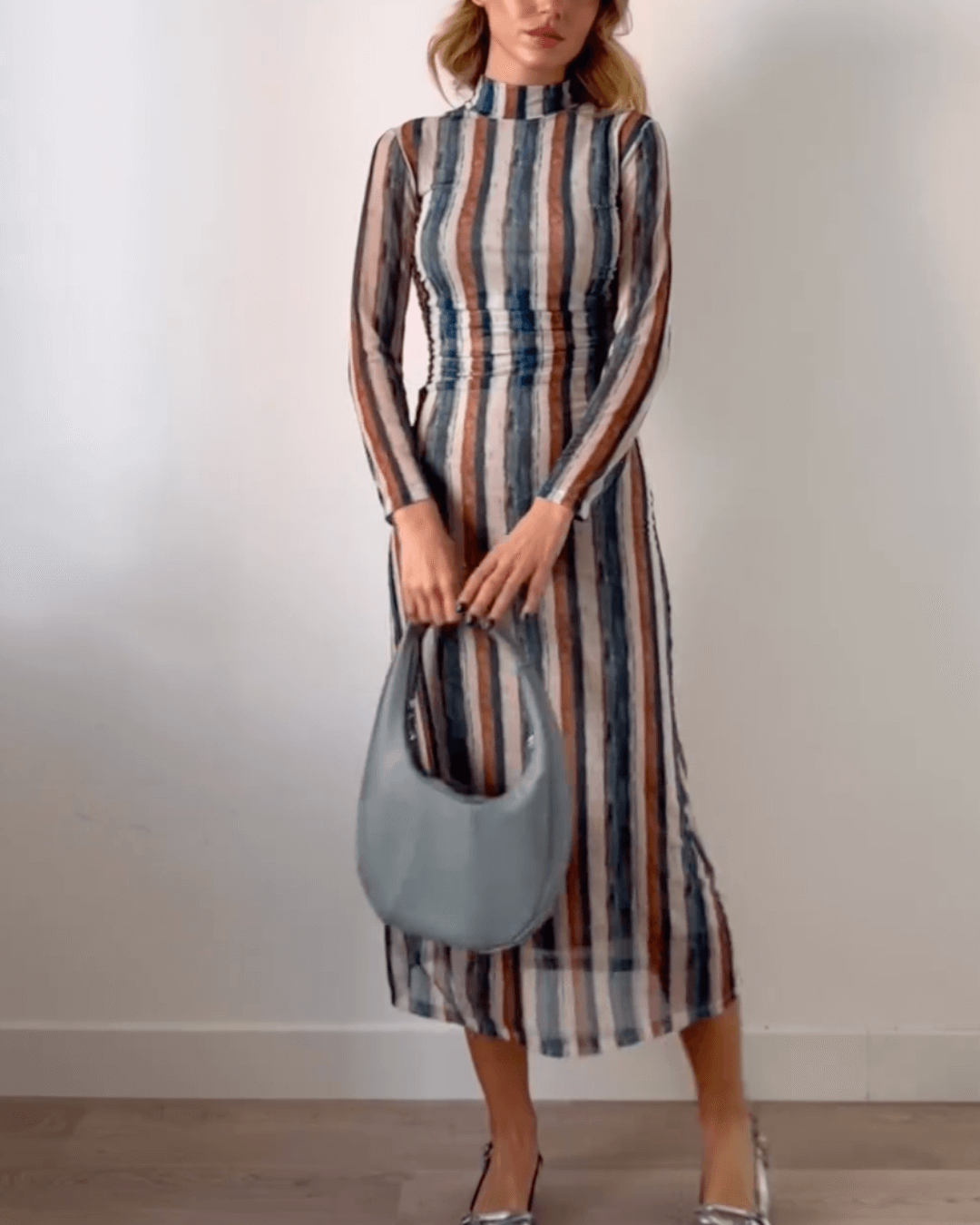 High Neck Long-sleeved Midi Dress