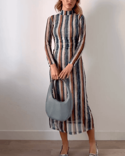 High Neck Long-sleeved Midi Dress
