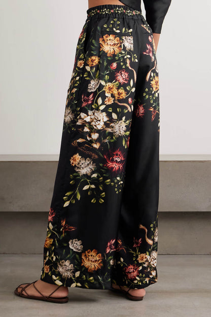 Exquisite Ruched Twill Crop Top & Floral Satin Wide-Leg Pants Set