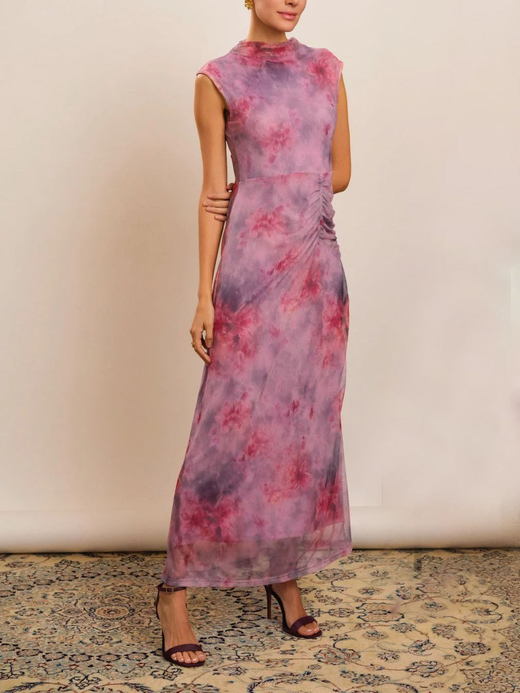 Retro Gradient Floral Mesh Print Slim Maxi Dress