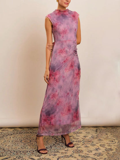 Retro Gradient Floral Mesh Print Slim Maxi Dress
