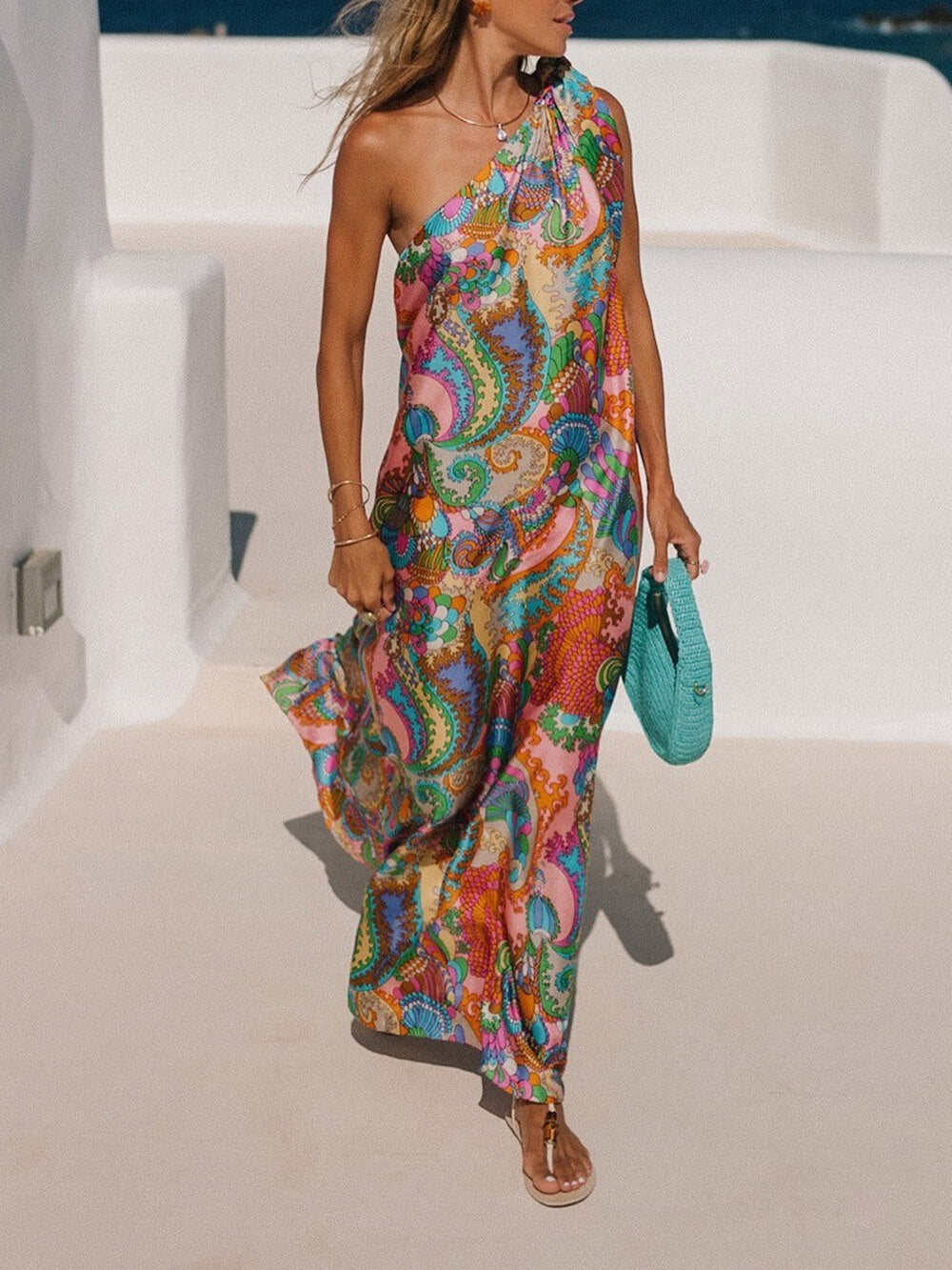 Elegant Breeze Satin Unique Print Bow One Shoulder Loose Maxi Dress