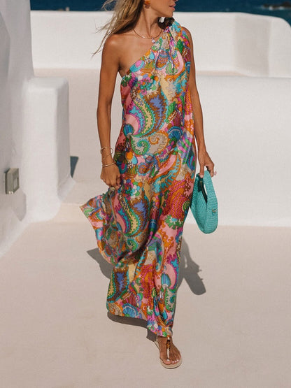 Elegant Breeze Satin Unique Print Bow One Shoulder Loose Maxi Dress