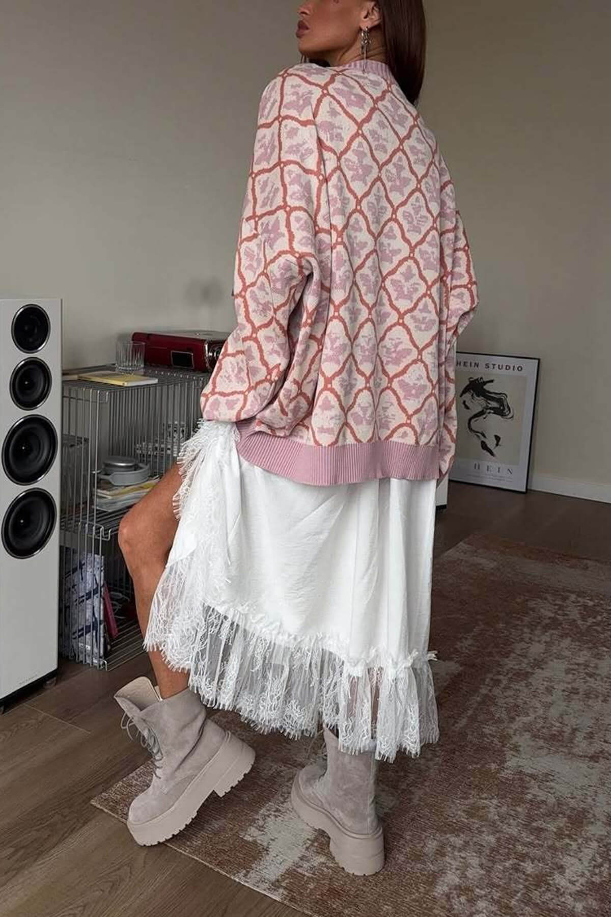 Casual Lace-trimmed Elastic Waist Loose Fit Midi Skirt