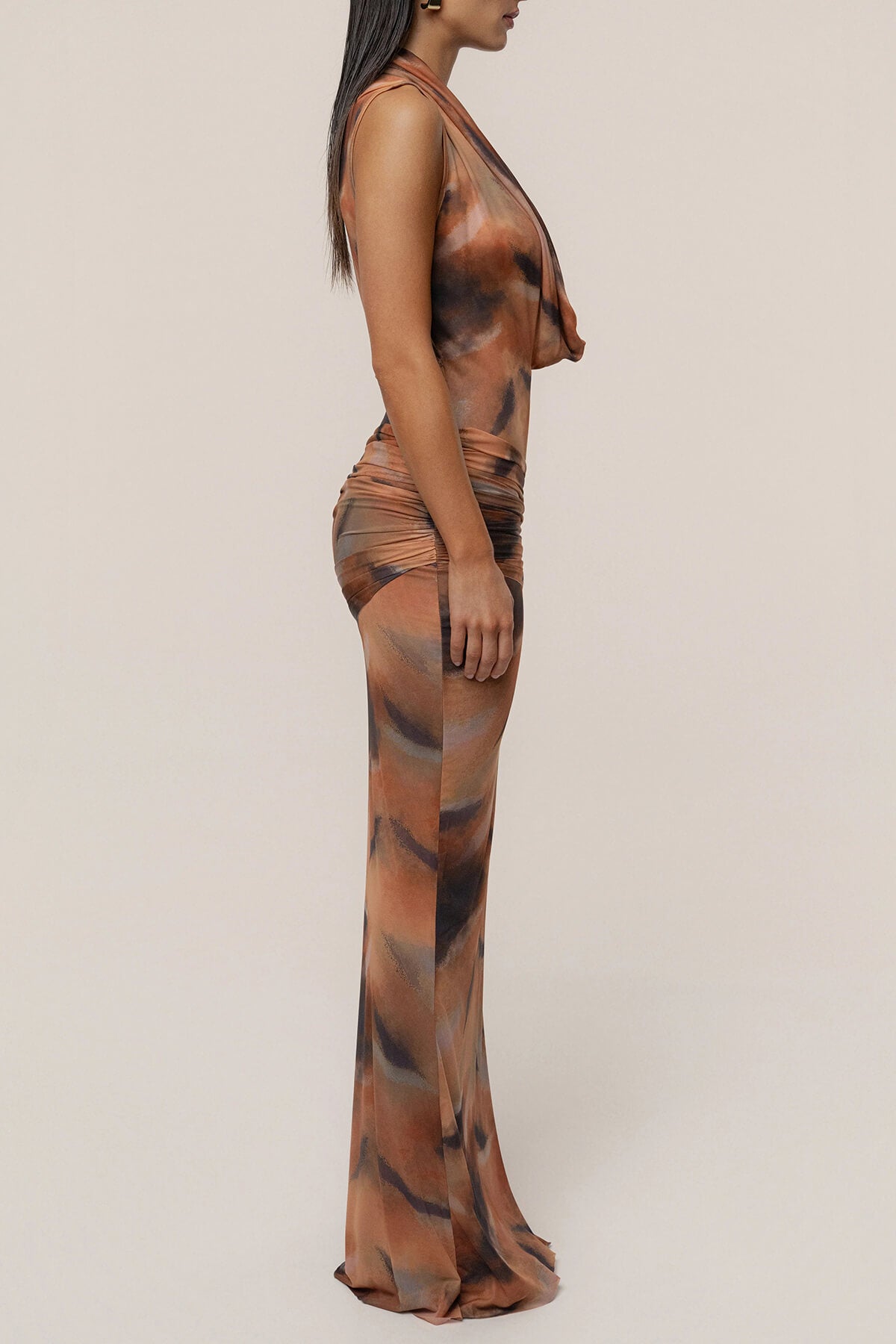 Elegant Abstract Print Draped Neckline Maxi Dress