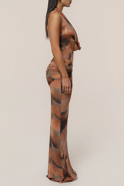 Elegant Abstract Print Draped Neckline Maxi Dress