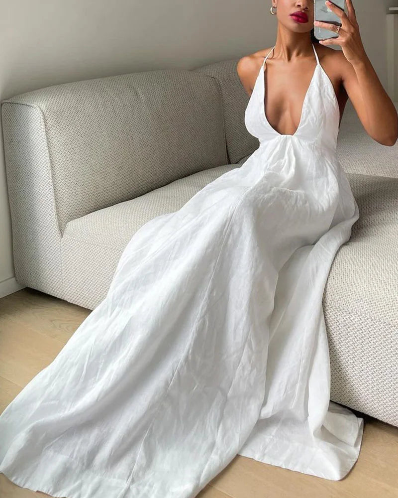 Deep V-neck lace-up cotton and linen dress