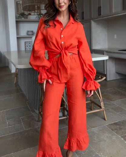 Ruffled casual cotton and linen two-piece set