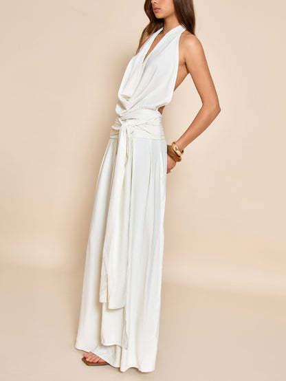 Elegant Scarf Neck Low Back Maxi Dress