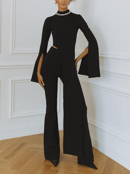 Elegant Rhinestone Color-blocked Irregular Two-piece Set