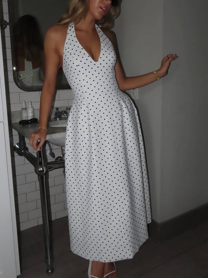 Classic Polka Dot Print Backless Tie Midi Dress