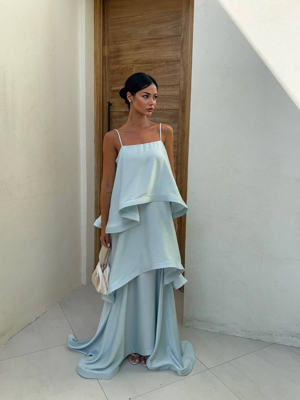 Elegant Three-layer Ruffle Sling Maxi Dress