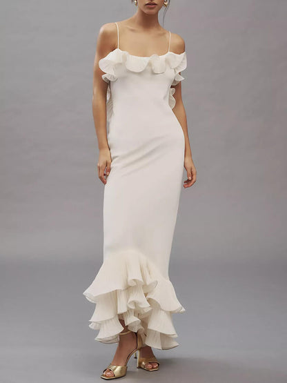 Elegant Pleated Chiffon Ruffle Trim Spaghetti Strap Maxi Dress