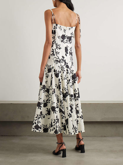Elegant Floral-Print Linen And Cotton-Blend Midi Dress
